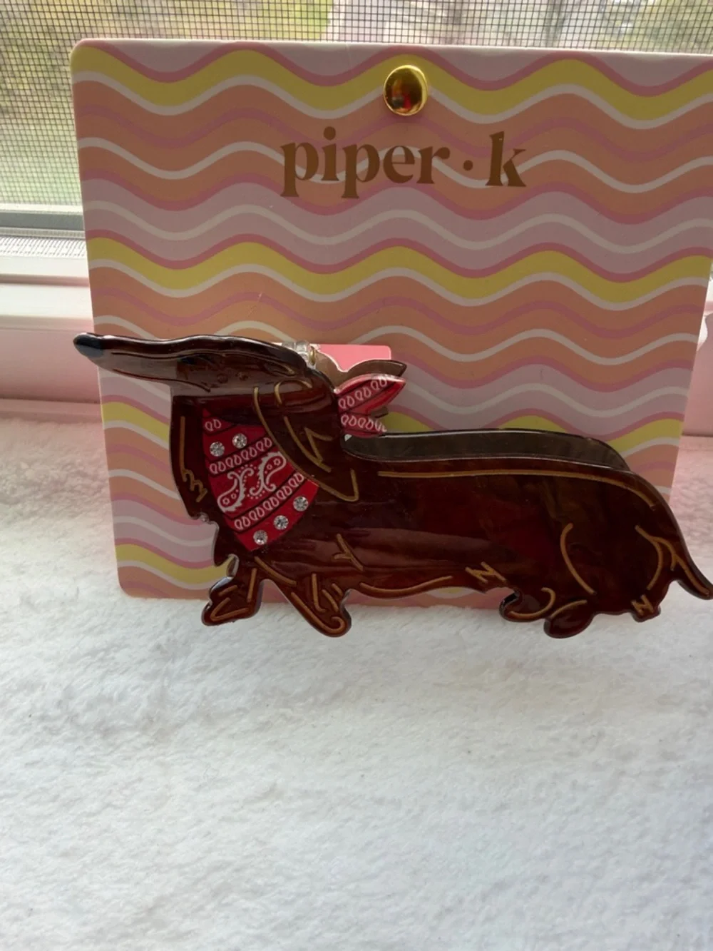 Piper Brown Dachshund Enamel Hair Clip with Red Bandana - Picture 6 of 7